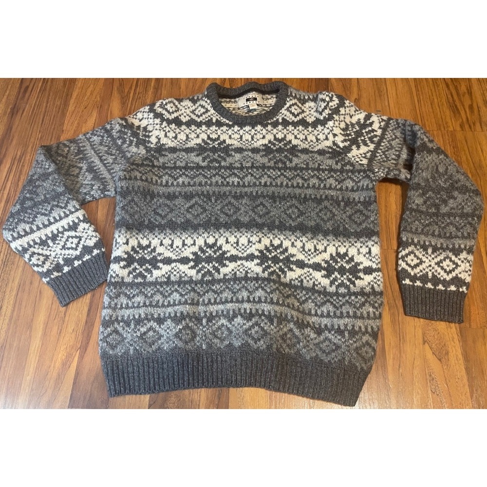 Joseph Abboud Fair Isle Sweater Mens Large Gray Wool Blend Chunky Knit Pullover